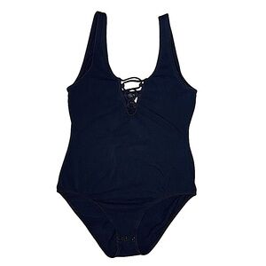 Divided Stretchy Black Bodysuit with Lace-Up Neckline